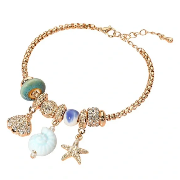 Conch Sea Shell Starfish Beads Accented Charm Bracelet - Picture 2 of 4